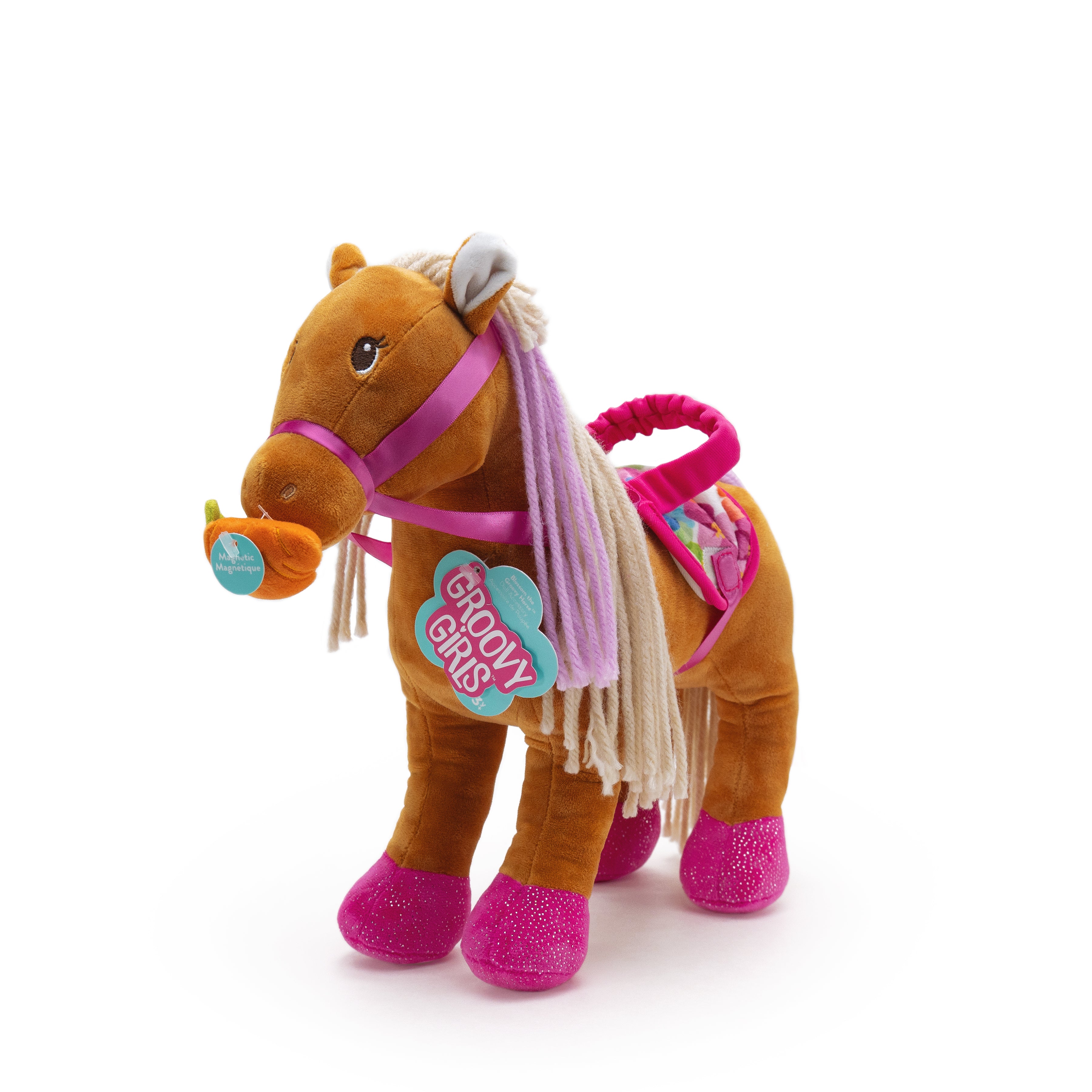 Soft brown horse with pink hooves, multicolored saddle, and a carrot in its mouth. With Groovy Girls hangtag.
