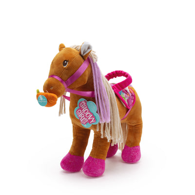 Soft brown horse with pink hooves, multicolored saddle, and a carrot in its mouth. With Groovy Girls hangtag.