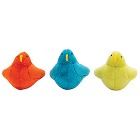 Three plush toy birds, red, blue, and green. 