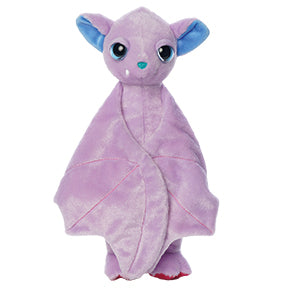 A purple bat plush toy with its wings down, blue ears, and blue eyes. 