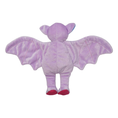 The back side of a purple plush bat toy with its wings spread out.