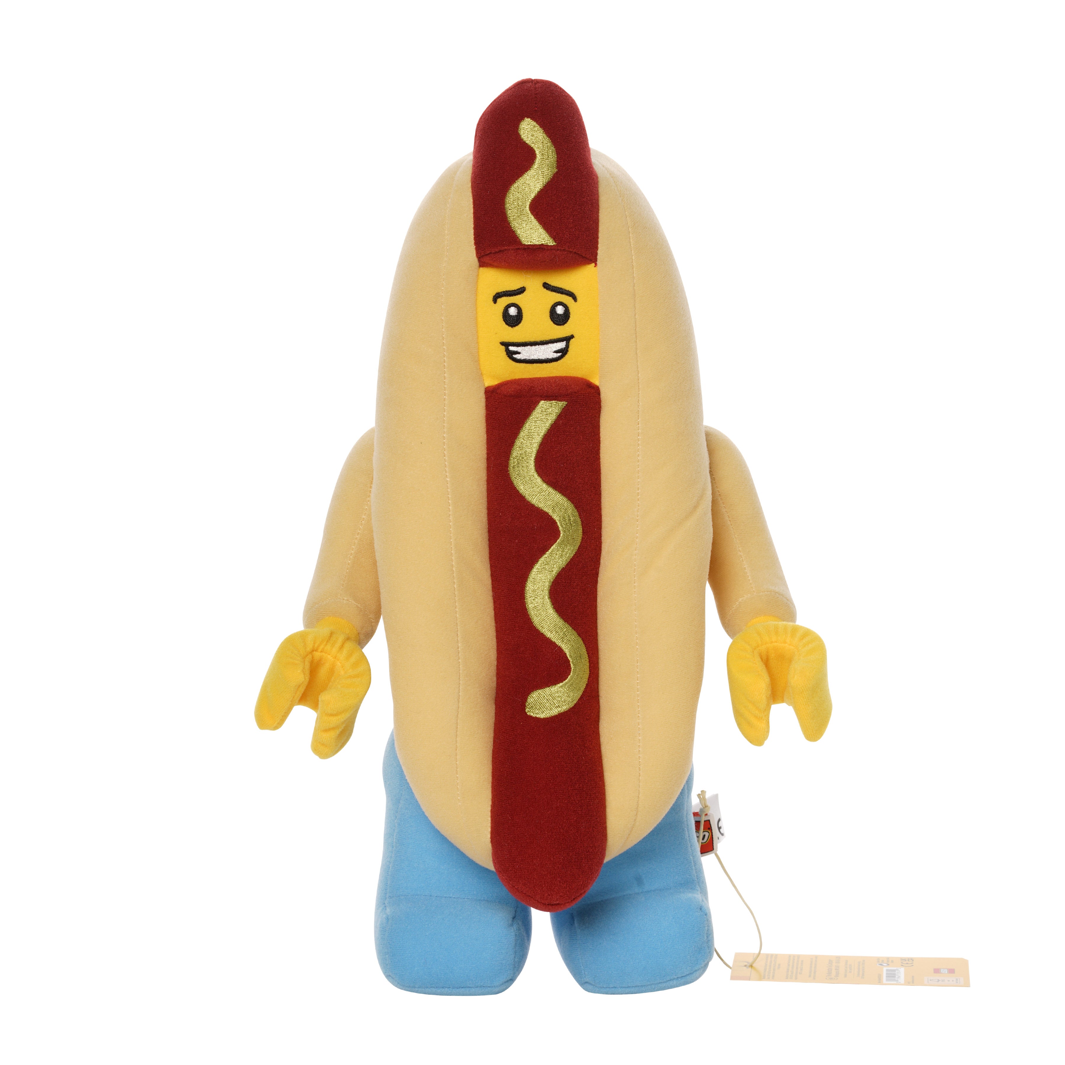 Hot dog costume plush inspired by LEGO with smiling yellow face, red hot dog center, and light blue legs.