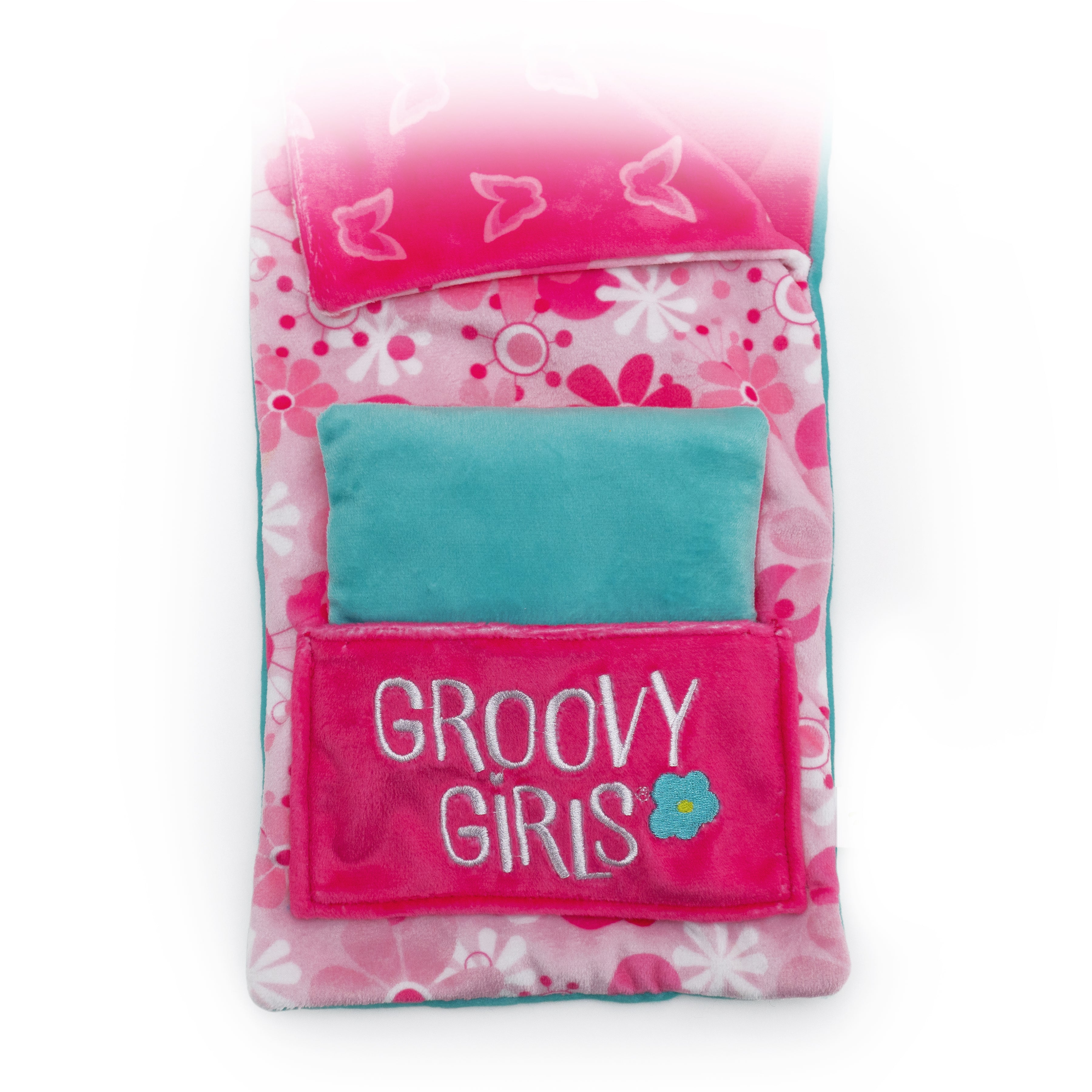 Close up of doll sleeping bag pillow inside of pillow pocket.