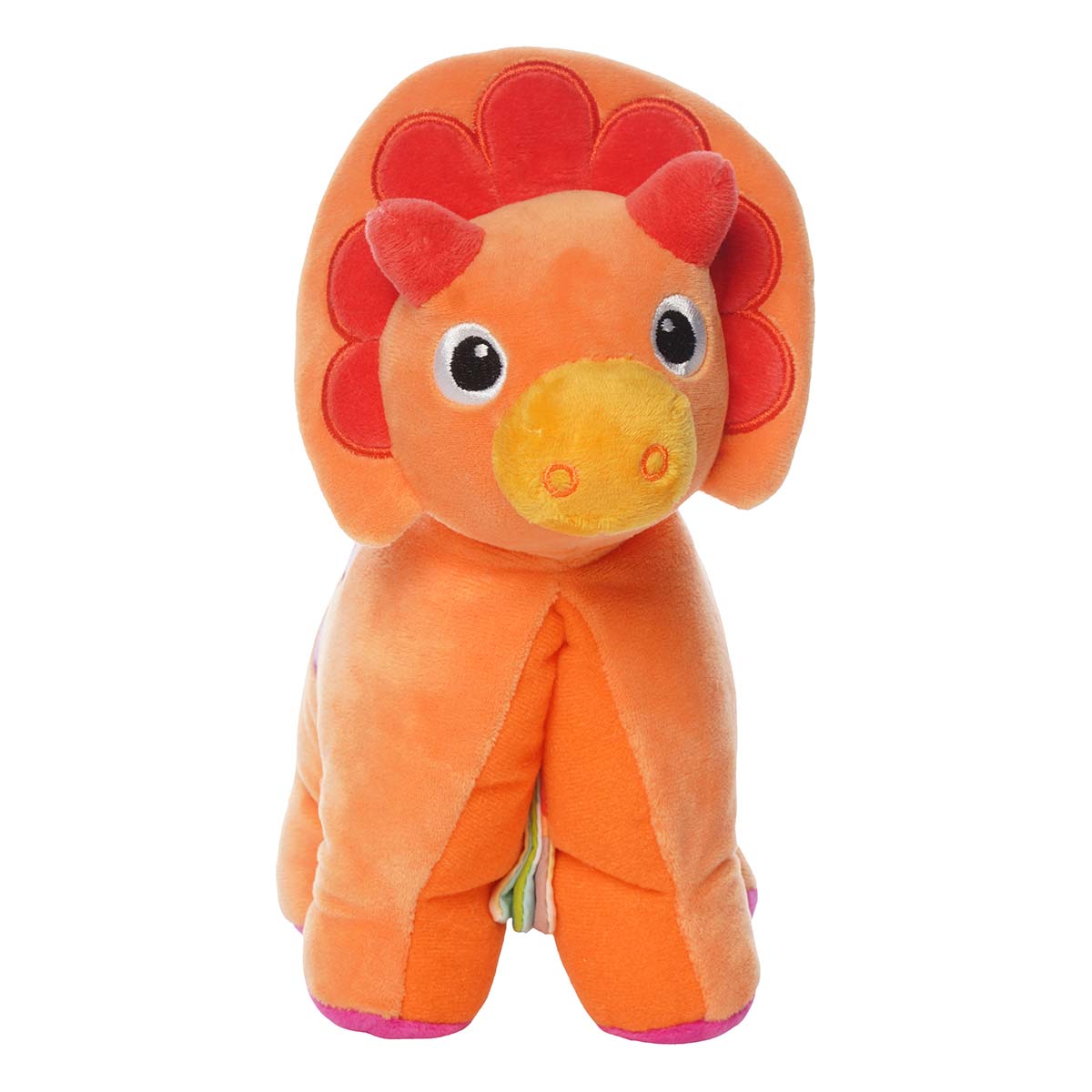 Front view of a plush orange triceratops.