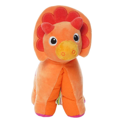 Front view of a plush orange triceratops.
