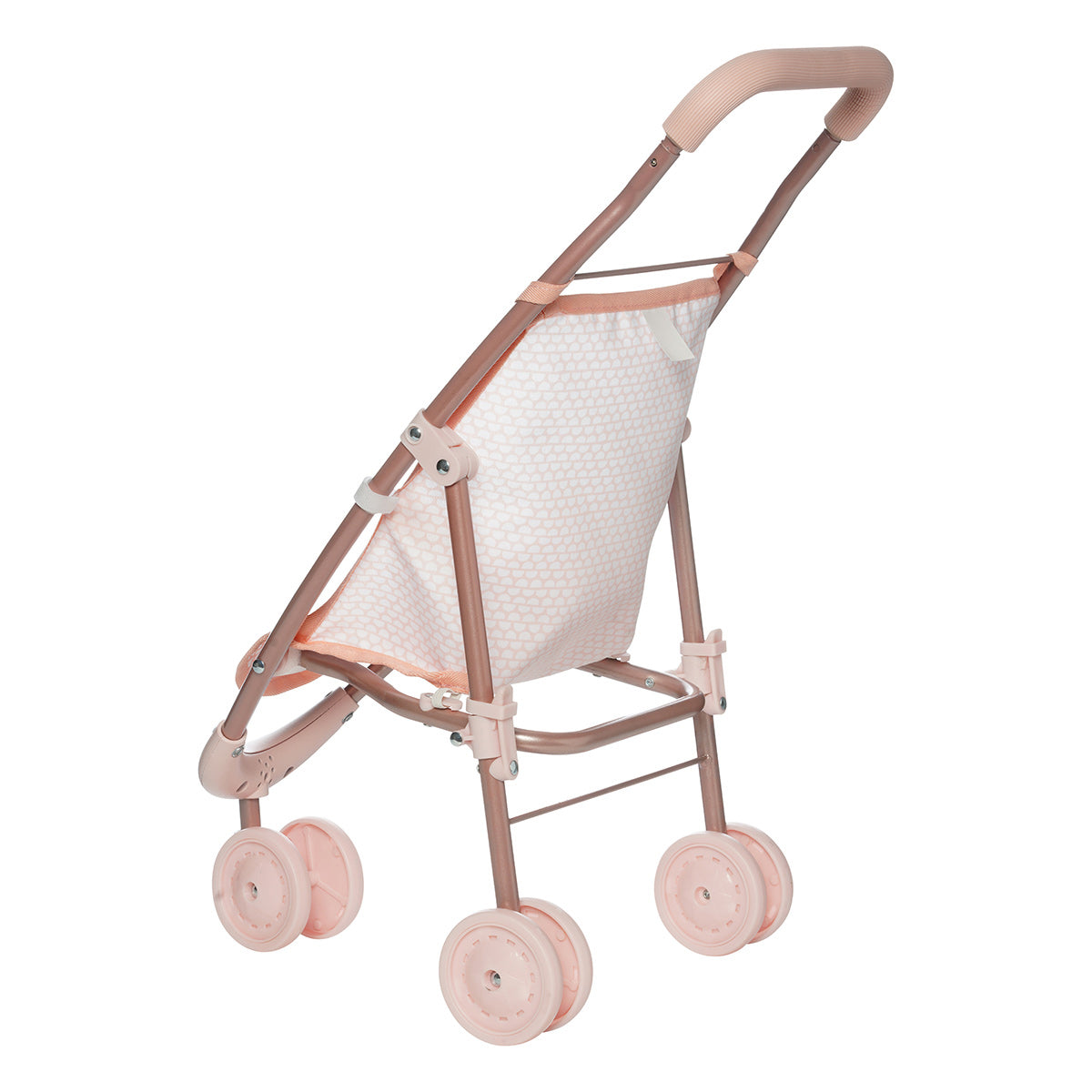 Rear view of aluminum pink doll stroller with three wheels, a fabric seat, and a soft handlebar. 