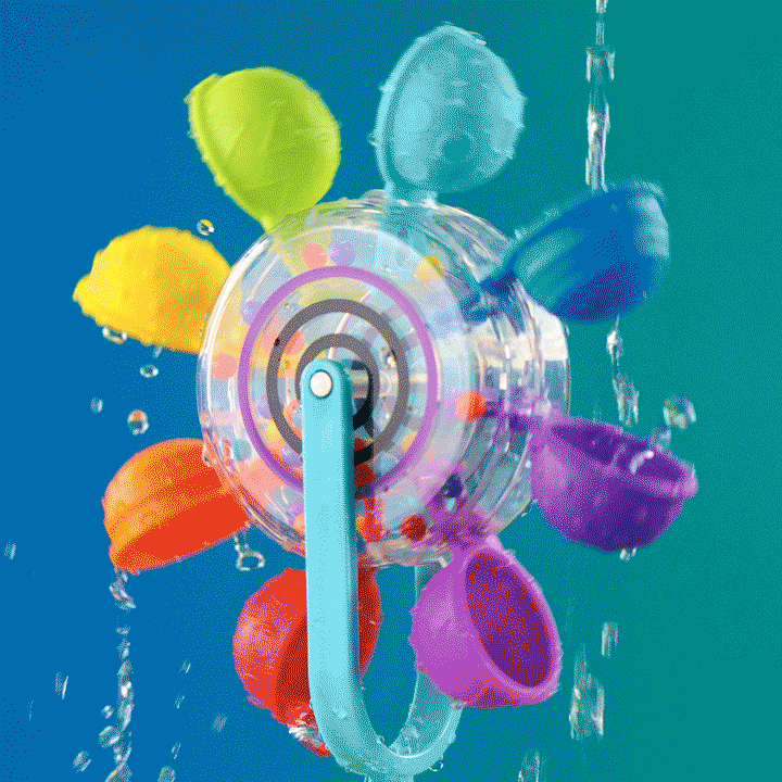 Colorful water toy with spinning rainbow cups being powered by falling water, set against a blue and teal background.