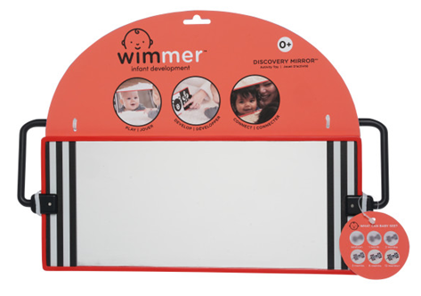 Wimmer infant development Discovery Mirror for ages 0+, featuring a large rectangular mirror with black and white stripes and side handles, designed for visual engagement and early developmental play.
