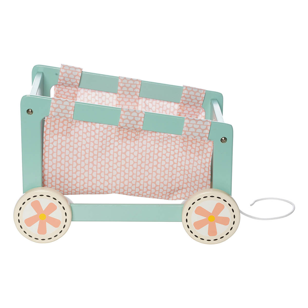 A blue and pink wooden doll wagon with a pull cord in front, flowers on the wheels, and a pink fabric insert. 