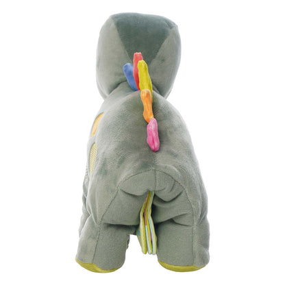 Back view of a plush green dinosaur with colorful spikes on its back and two colorful textured spots on its side. 
