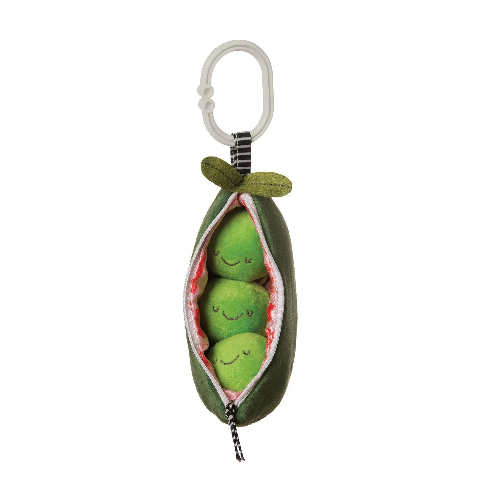 Farmer's Market Peas in a Pod baby Travel Toy with zippered opening showing three pea-pod fabric rattles inside.
